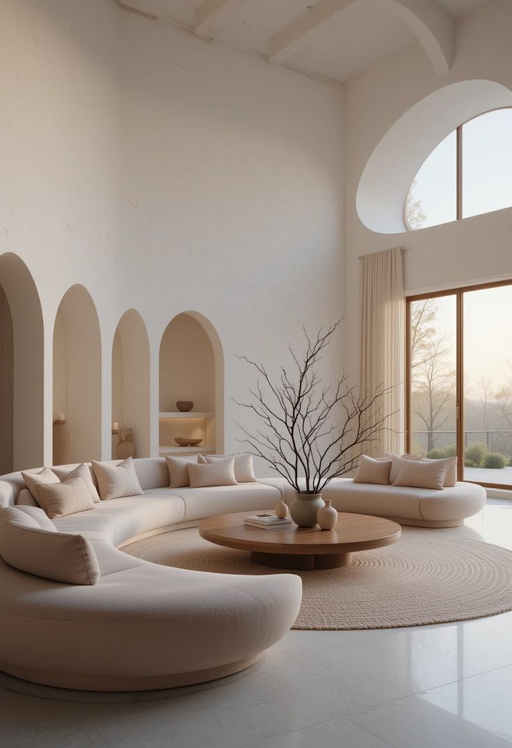Intérieur moderne avec textures naturelles et mobilier sculptural